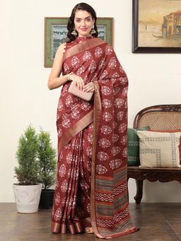 Akhilam - Women's Silk Blend Rust Printed Designer Saree with Unstitched Blouse