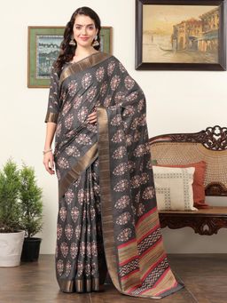 Akhilam - Women's Silk Blend Charcoal Grey Printed Designer Saree with Unstitched Blouse