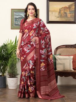 Akhilam - Women's Silk Blend Maroon Floral Designer Saree with Unstitched Blouse