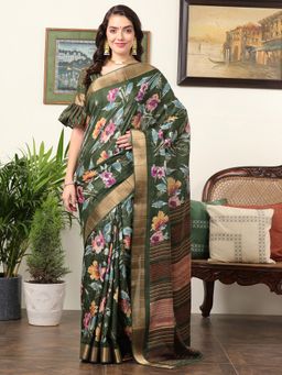 Akhilam - Women's Silk Blend Green Floral Designer Saree with Unstitched Blouse