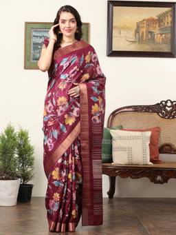 Akhilam - Women's Silk Blend Magenta Floral Designer Saree with Unstitched Blouse