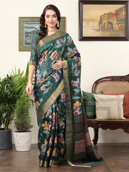 Akhilam - Women's Silk Blend Teal Green Floral Designer Saree with Unstitched Blouse