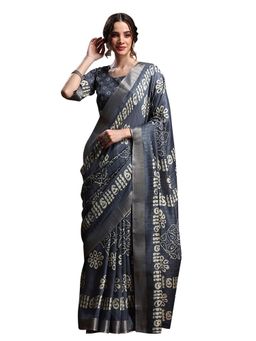 Sareemall - Women's Silk Blend Grey Printed Designer Saree with Unstitched Blouse