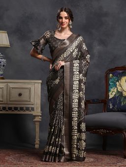 Sareemall - Women's Silk Blend Coffee Brown Printed Designer Saree with Unstitched Blouse