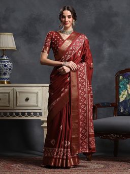 Sareemall - Women's Silk Blend Maroon Printed Designer Saree with Unstitched Blouse
