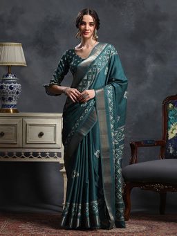 Sareemall - Women's Silk Blend Teal Blue Printed Designer Saree with Unstitched Blouse