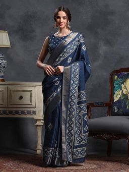 Sareemall - Women's Silk Blend Navy Blue Printed Designer Saree with Unstitched Blouse