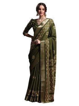 Sareemall - Women's Silk Blend Olive Printed Designer Saree with Unstitched Blouse