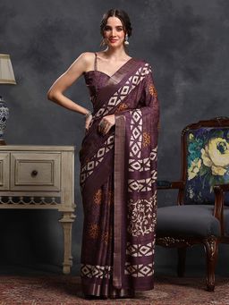 Sareemall - Women's Silk Blend Purple Printed Designer Saree with Unstitched Blouse