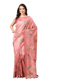 Akhilam - Women's Silk Blend Peach Floral Designer Saree with Unstitched Blouse