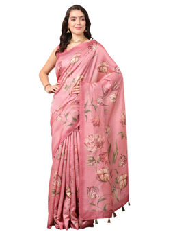 Akhilam - Women's Silk Blend Pink Floral Designer Saree with Unstitched Blouse