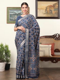 Akhilam - Women's Dola Silk Navy Blue Printed Designer Saree with Unstitched Blouse