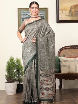 Akhilam - Women's Dola Silk Beige Printed Designer Saree with Unstitched Blouse