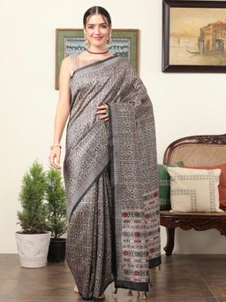Akhilam - Women's Dola Silk Beige Printed Designer Saree with Unstitched Blouse