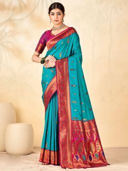 Akhilam - Women's Silk Blend Blue Woven Designer Saree with Unstitched Blouse