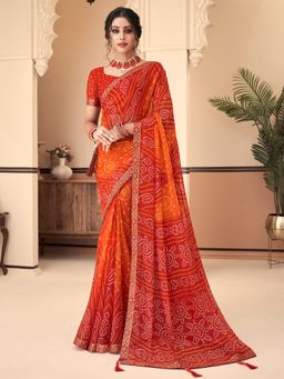 Akhilam - Women's Chiffon Orange Bandhani Print Designer Saree with Unstitched Blouse