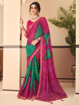 Akhilam - Women's Chiffon Pink Bandhani Print Designer Saree with Unstitched Blouse