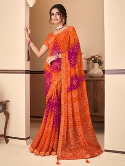 Akhilam - Women's Chiffon Orange Bandhani Print Designer Saree with Unstitched Blouse