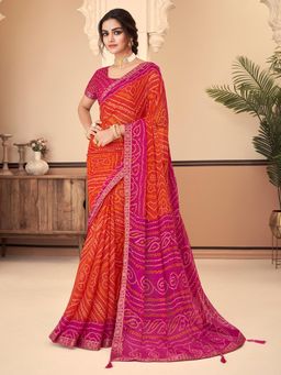 Akhilam - Women's Chiffon Orange Bandhani Print Designer Saree with Unstitched Blouse