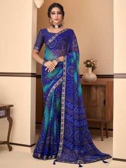 Akhilam - Women's Chiffon Blue Bandhani Print Designer Saree with Unstitched Blouse