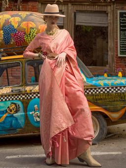 Akhilam - Women's Silk Blend Peach Woven Designer Saree with Unstitched Blouse