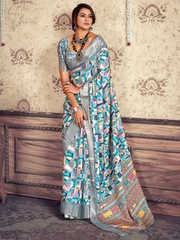 Akhilam - Women's Silk Blend Blue Printed Designer Saree with Unstitched Blouse