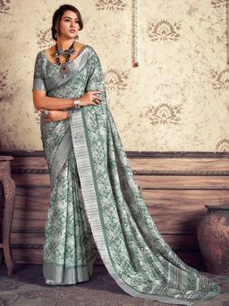 Akhilam - Women's Silk Blend Sea Green Printed Designer Saree with Unstitched Blouse