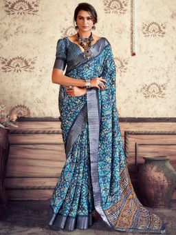 Akhilam - Women's Silk Blend Navy Blue Printed Designer Saree with Unstitched Blouse
