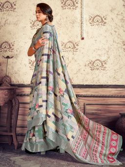 Akhilam - Women's Silk Blend Grey Printed Designer Saree with Unstitched Blouse
