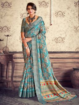 Akhilam - Women's Silk Blend Blue Printed Designer Saree with Unstitched Blouse