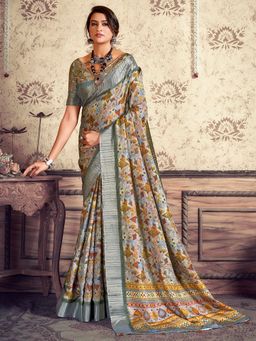 Akhilam - Women's Silk Blend Grey Printed Designer Saree with Unstitched Blouse