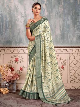 Akhilam - Women's Silk Blend Beige Printed Designer Saree with Unstitched Blouse