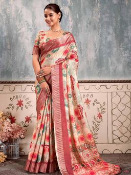 Akhilam - Women's Silk Blend Beige Floral Designer Saree with Unstitched Blouse