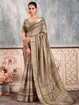 Akhilam - Women's Silk Blend Olive Printed Designer Saree with Unstitched Blouse