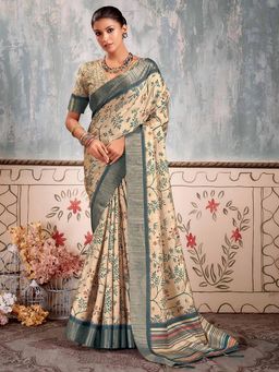 Akhilam - Women's Silk Blend Beige Floral Designer Saree with Unstitched Blouse