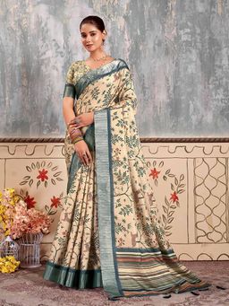Akhilam - Women's Silk Blend Beige Floral Designer Saree with Unstitched Blouse