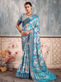 Akhilam - Women's Silk Blend Blue Floral Designer Saree with Unstitched Blouse