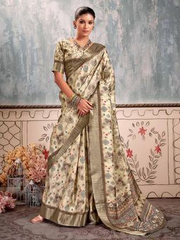 Akhilam - Women's Silk Blend Beige Printed Designer Saree with Unstitched Blouse