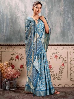 Akhilam - Women's Silk Blend Blue Printed Designer Saree with Unstitched Blouse