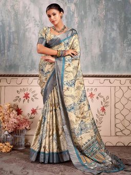 Akhilam - Women's Silk Blend Beige Printed Designer Saree with Unstitched Blouse