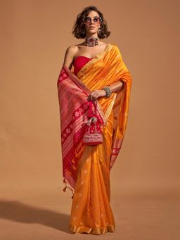 Akhilam - Women's Silk Blend Yellow Woven Designer Saree with Unstitched Blouse