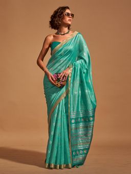 Akhilam - Women's Silk Blend Teal Woven Designer Saree with Unstitched Blouse