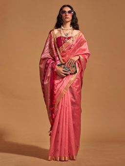 Akhilam - Women's Silk Blend Pink Woven Designer Saree with Unstitched Blouse
