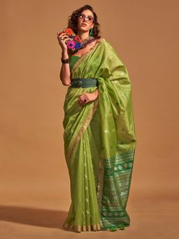 Akhilam - Women's Silk Blend Light Green Woven Designer Saree with Unstitched Blouse