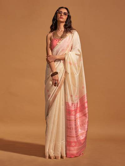 Women's Silk Blend Off White Woven Designer Saree with Unstitched Blouse