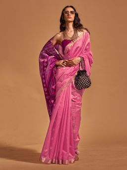 Akhilam - Women's Silk Blend Pink Woven Designer Saree with Unstitched Blouse