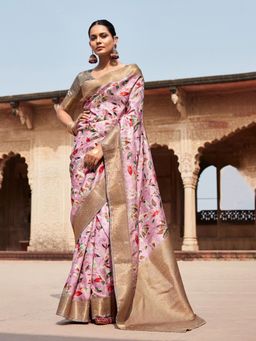 Akhilam - Women's Silk Blend Pink Woven Designer Saree with Unstitched Blouse