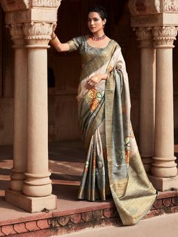 Akhilam - Women's Silk Blend Grey Woven Designer Saree with Unstitched Blouse