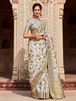 Akhilam - Women's Silk Blend Grey Woven Designer Saree with Unstitched Blouse