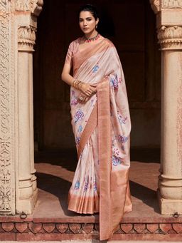 Akhilam - Women's Silk Blend Light Brown Woven Designer Saree with Unstitched Blouse